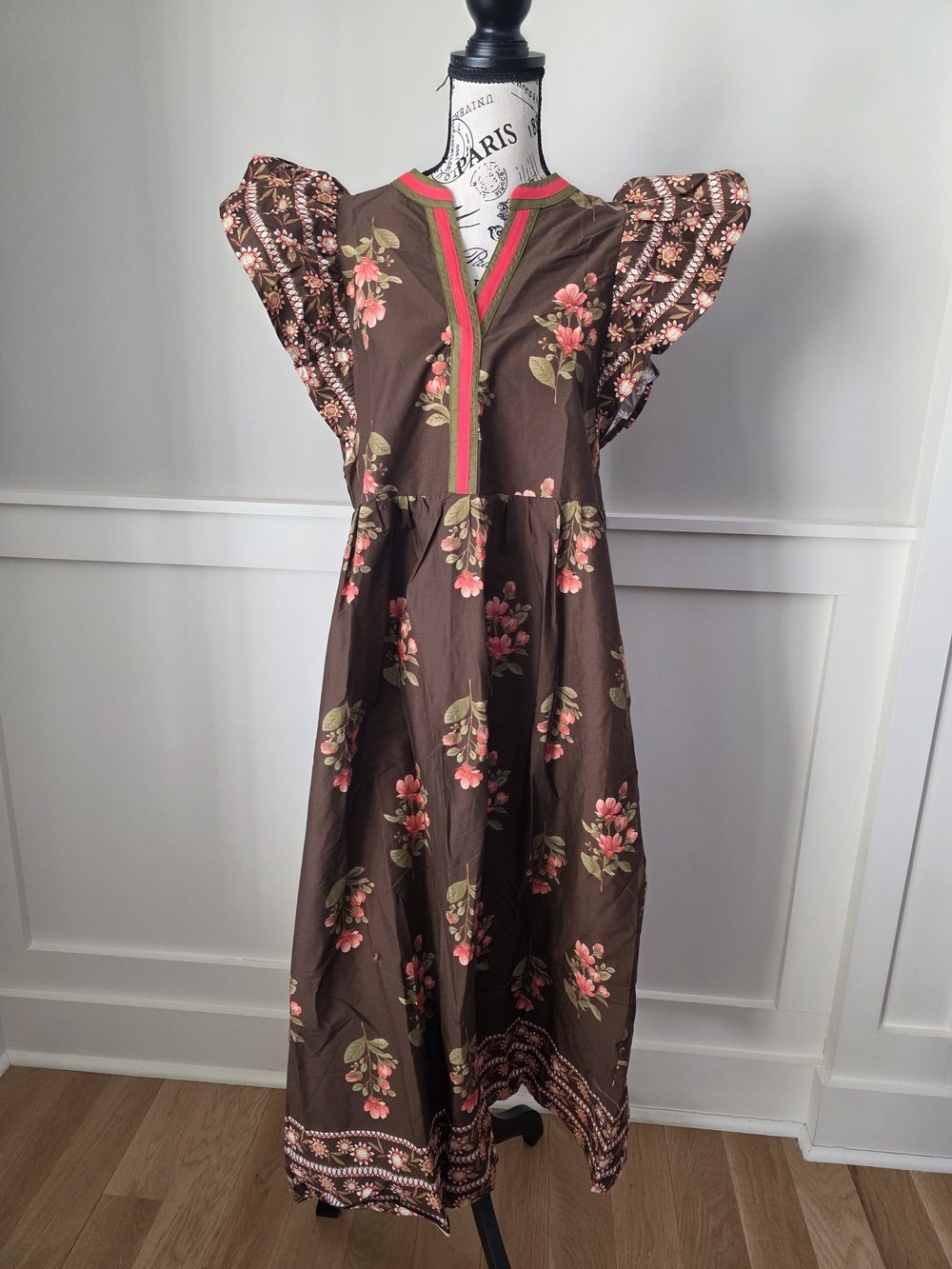 entro Brown Floral Maxi Dress with Pink & Green Accents